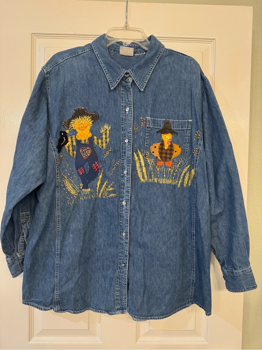 Vintage Denim Button-Down Shirt with Fall Harvest Scarecrow Motif